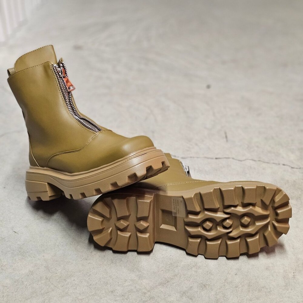 Chunky Sole Olive Green Leather Ankle Boots With Front Zipper And Lug Outsole Fo - Picture 7 of 8